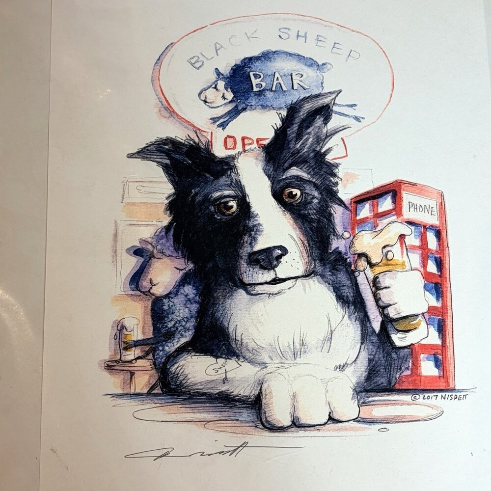 Don Nisbett Watercolor Print Border Collie Australian Shepherd Dog 8.5 x 11